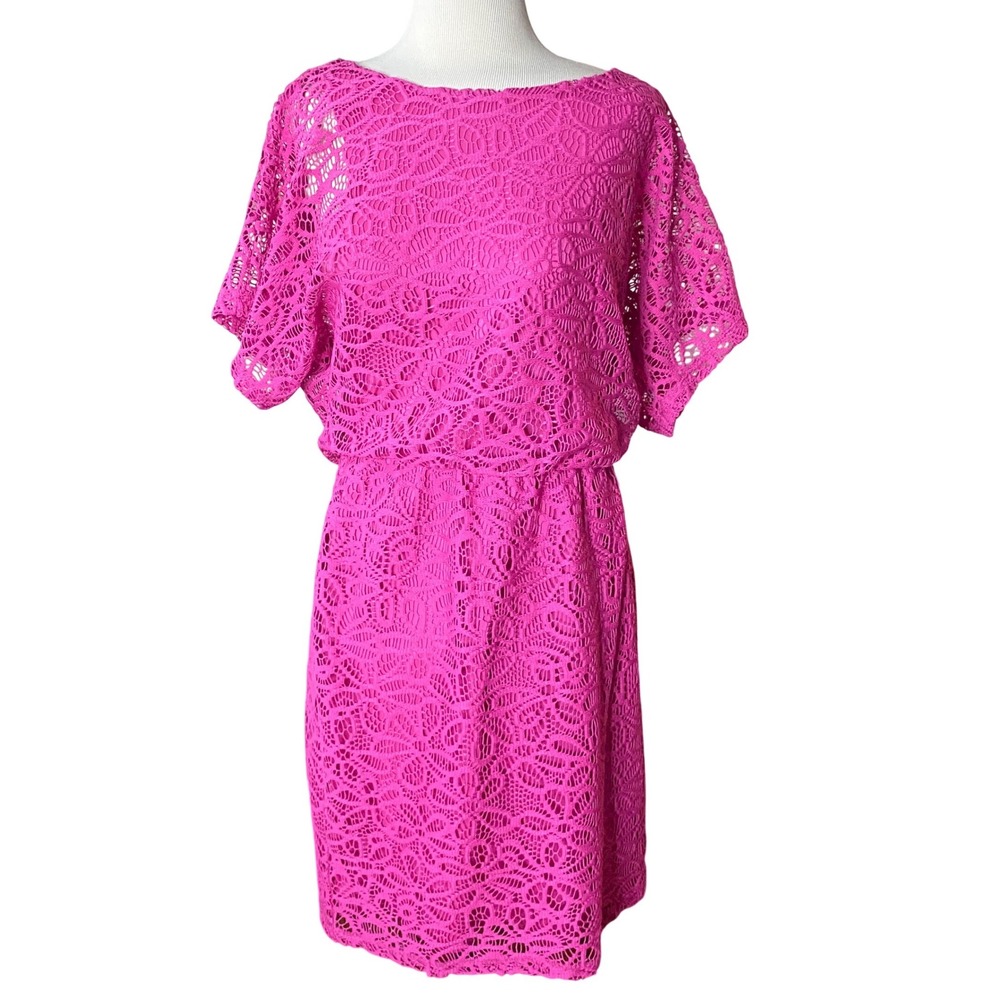 London Times Pink Lace Sheath Dress Short Sleeve‎ Boat Neck Size 6 Cottagecore